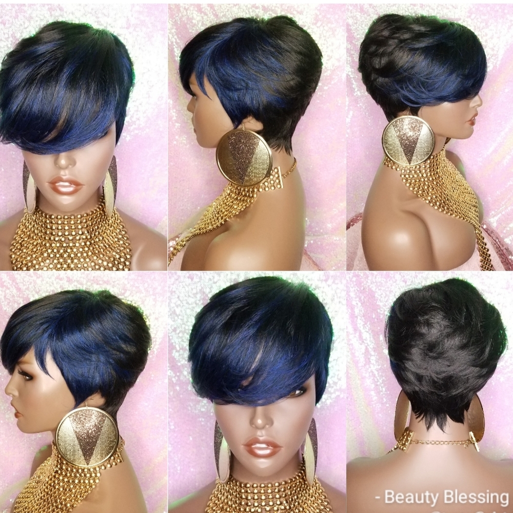 Pixie Cut Wig Blue Hair Layered Style Bang Wig
